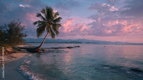 Palm tree on a sandy beach at sunset with pink clouds and calm water. Perfect for travel blogs, relaxation articles, or inspirational posters.