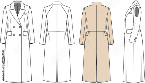 Women long coat technical fashion illustration showing front back side views, elegant trench coat design isolated on white background, cad drawing flat vector illustration