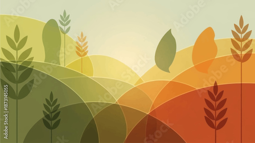 Vibrant landscape with colorful hills and plants in a modern illustration