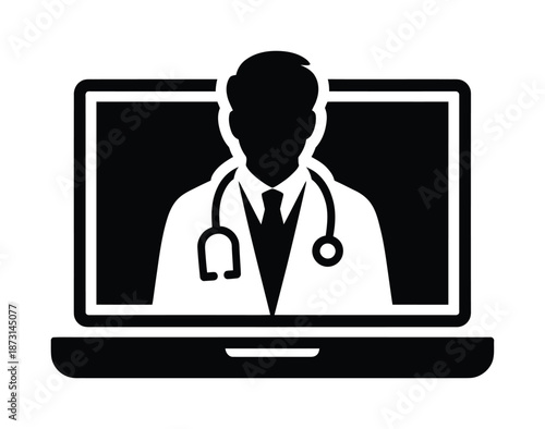 Vector icon of doctor on laptop screen for telemedicine services.