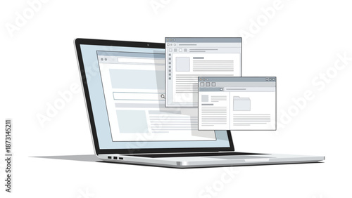 Laptop with multiple web browser windows open on screen