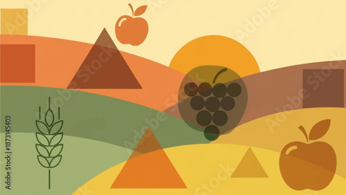 Vibrant abstract landscape with fruit and geometric shapes at sunset