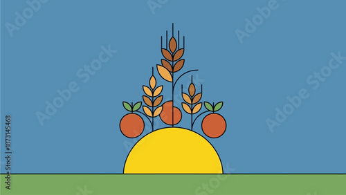 Vibrant illustration of sun rising behind orange trees with leaves