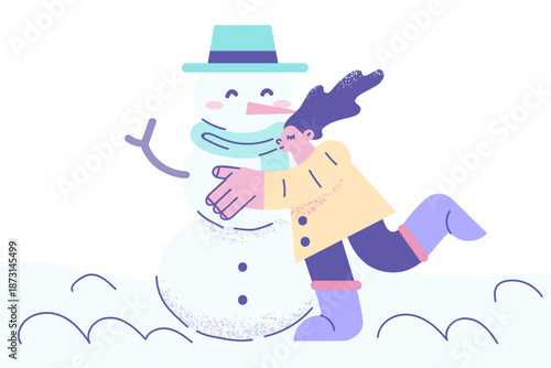 Happy little girl make snowman outdoor