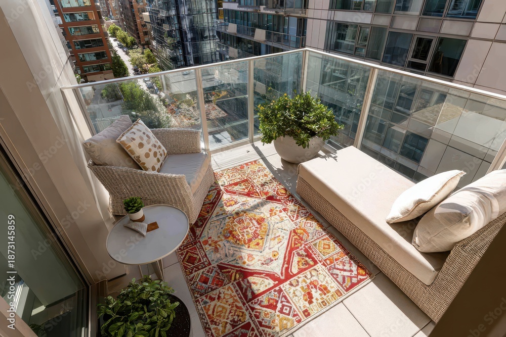 Fototapeta premium Modern balcony has comfortable seating and a colorful rug with great city views. Shows a stylish, outdoor living area for relaxation and urban lifestyle.