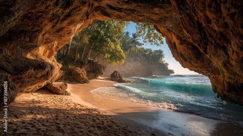 Cave frames a tropical beach with turquoise water and lush vegetation. Perfect for travel ads, dreamy vacation content or wanderlust blogs.