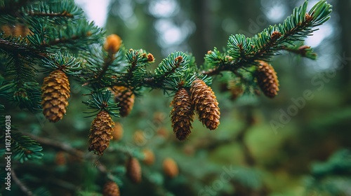 Wallpaper Mural A close-up shot of a fir branch laden with pine cones. Focus on the needles Torontodigital.ca