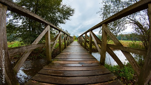 Wooden bridge over river fisheye