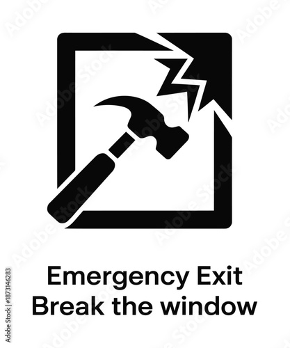 Vector icon of a hammer breaking glass for emergency exit
