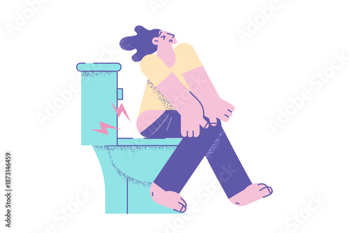 Unhealthy woman sit on toilet struggle with constipation