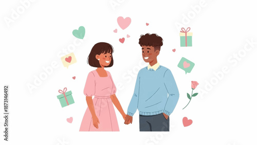 Couple holding hands surrounded by hearts and gifts in a joyful illustration