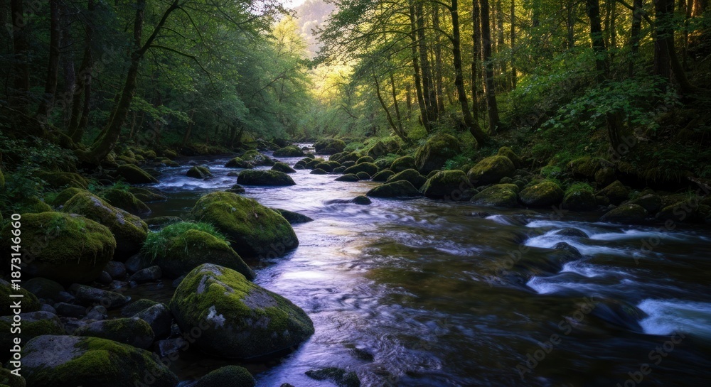 Fototapeta premium Forest stream glitters, mossy rocks line the water