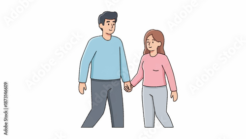 Couple holding hands while walking together in a casual stroll outdoors.