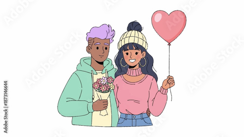 Couple celebrating Valentine's Day together, holding flowers and a heart-shaped balloon outdoors on a sunny day