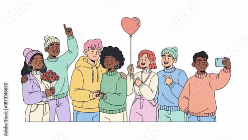 Diverse group of young adults celebrating together with a heart-shaped balloon and taking selfies