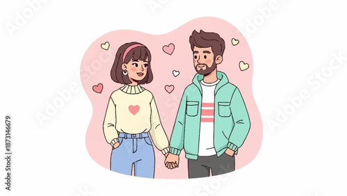 Couple holding hands surrounded by hearts in a sweet illustration
