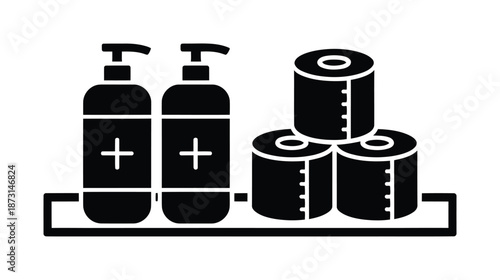 Vector illustration of toiletries on a bathroom shelf including soap bottles and toilet paper