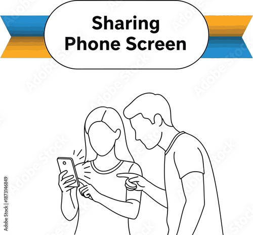 Black outline vector of people collaborating while viewing a smartphone screen
