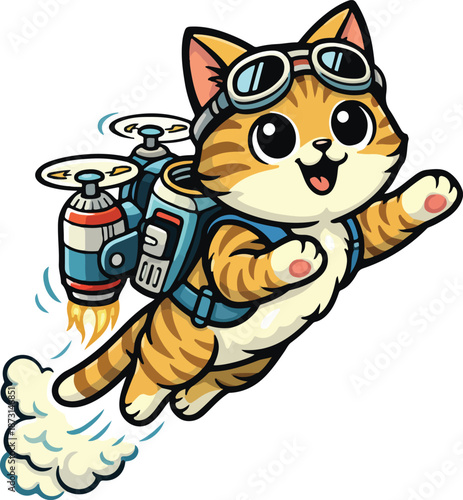 Fun tabby cat flying with a jetpack, cartoon mascot style, colorful vector illustration isolated on white, perfect for gaming, startup, sci-fi, kids and playful branding.