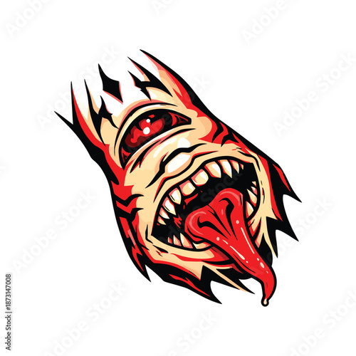 Dark demonic screaming face illustration in bold aggressive style, sharp teeth and intense eyes, vector mascot isolated on white, perfect for esports, gaming and branding.