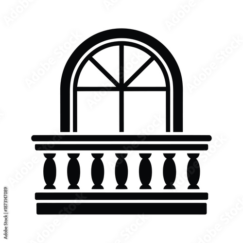 Black and white vector illustration of an arched window with balustrade
