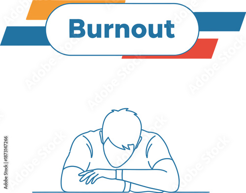 Black outline vector of a stressed man resting his head on a desk