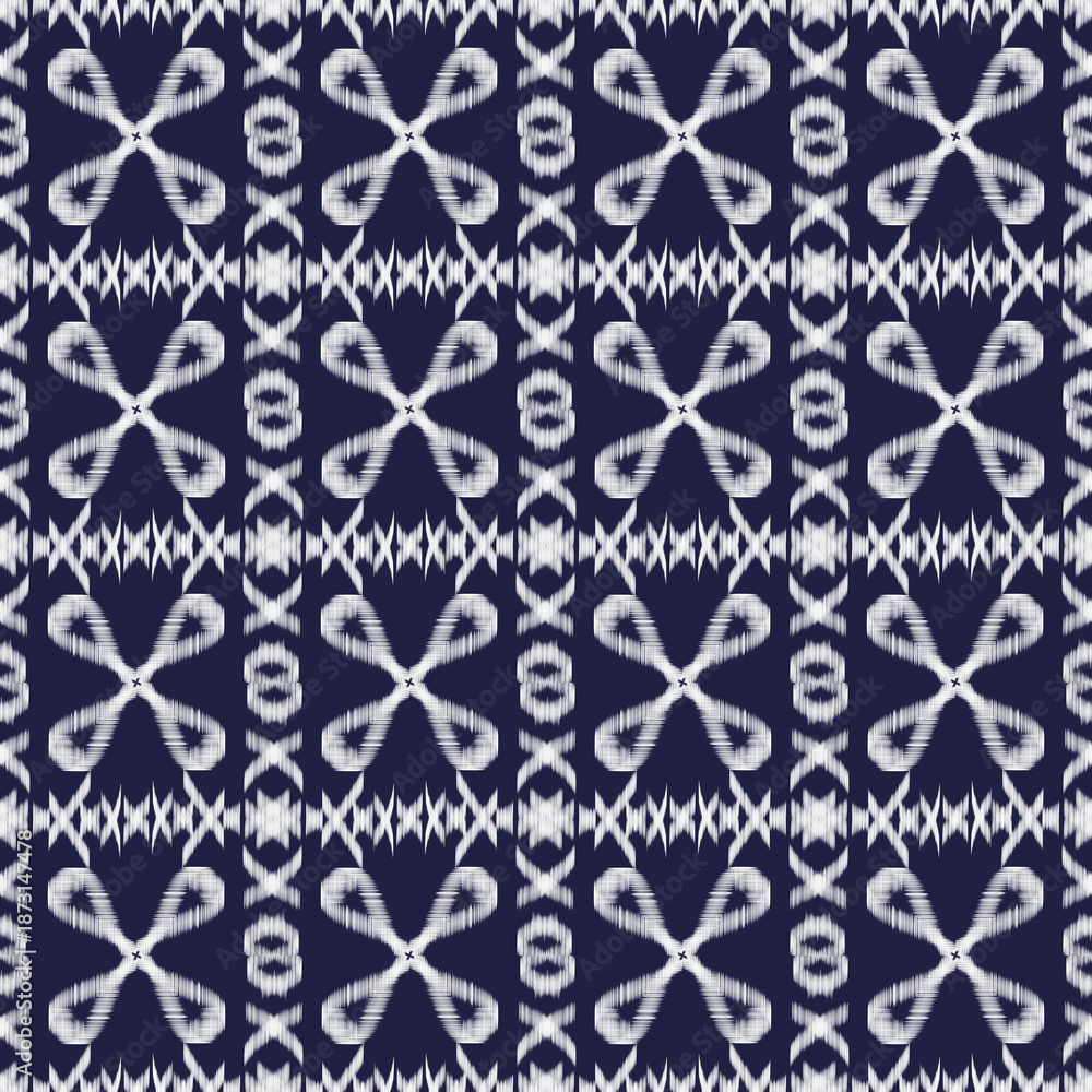 Fototapeta premium Popular Navy Blue and White Abstract Geometric Seamless Ikat Pattern Design Background for Textile Fabric Printing, Wallpaper, and Modern Digital Art Template.
