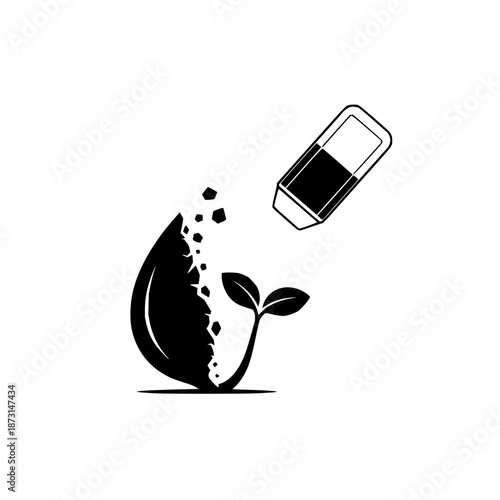 Battery powering plant growth black vector illustration green eco energy power