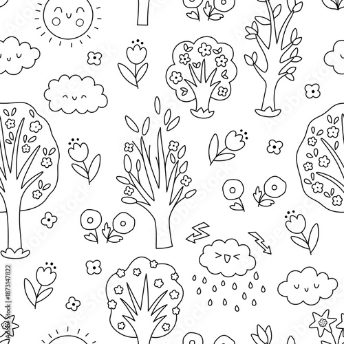 Vector spring seamless pattern. Line garden repeat background with trees, flowers, dandelions, weather element. Easter black and white holiday digital paper, coloring page
