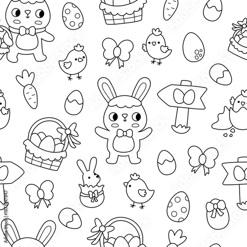 Vector Easter seamless pattern. Line farm repeat background with bunny, chicks, basket, eggs, carrot, egg hunt sign, chocolate hare. Black and white spring holiday digital paper or coloring page