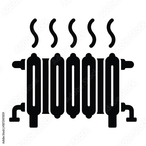 Black vector radiator heater emitting steam from top in minimalist style