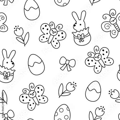 Vector Easter gifts seamless pattern. Line farm repeat background with chocolate bunny, eggs, butterfly, bow, tulip flowers. Spring holiday black and white digital paper, coloring page
