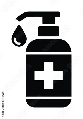 Black vector icon of a hand sanitizer bottle with a white cross
