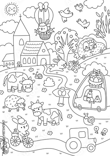 Vector Easter village landscape. Rural detailed line scene with church, bunny driving carrot shaped car, cows, egg hunt sign. Black and white spring holiday background, coloring page for kids