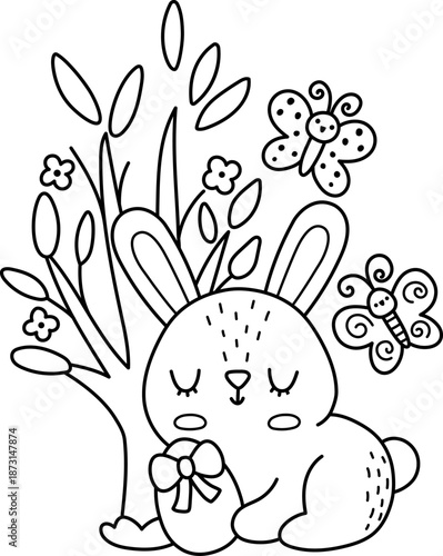 Vector Easter bunny sitting with egg near blooming tree, butterflies. Funny rabbit line icon. Cute spring or farm animal black and white illustration for kids. Funny hare clipart, coloring page