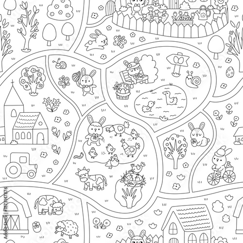 Vector black and white seamless pattern with Easter village map. Rural line repeat background. Spring holiday landscape digital paper, coloring page with church, bunny, eggs, animals, house