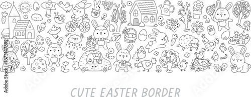 Vector Easter horizontal line border set with bunny, chick, colored egg. Card template design for banners, invitations. Black and white spring holiday illustration, coloring page