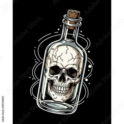 Skull in a Bottle Macabre Art Illustration.