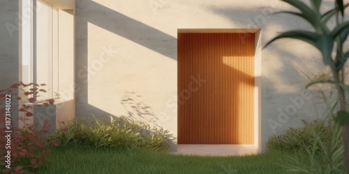 Modern building exterior with wooden door and greenery