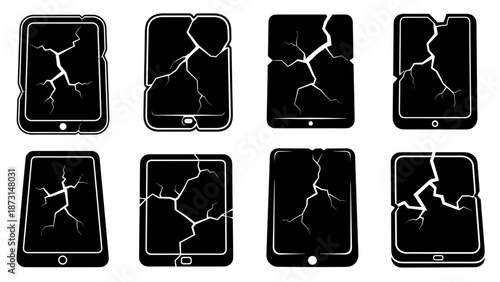 Collection of broken smartphone and tablet screens, depicting various crack patterns and damage.