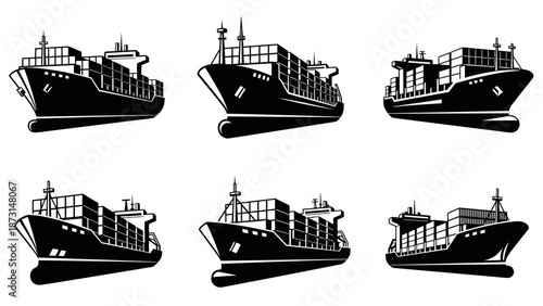 Collection of six distinct black and white cargo ship illustrations, showcasing various angles and perspectives of container vessels for global trade and logist