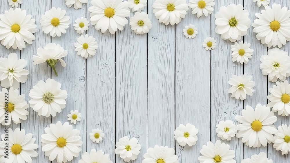 Fototapeta premium White daisies scattered on rustic wooden planks with yellow centers and green