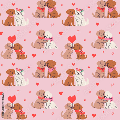 Cute Valentines Day Dog Pattern with Hearts and Puppies