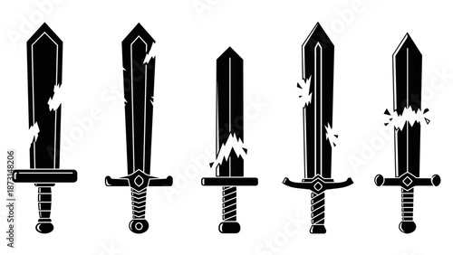 Set of five damaged ancient swords, black silhouettes on white background.