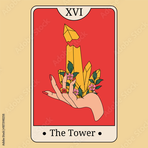 The Tower Tarot Card with Crystals and Floral Elements