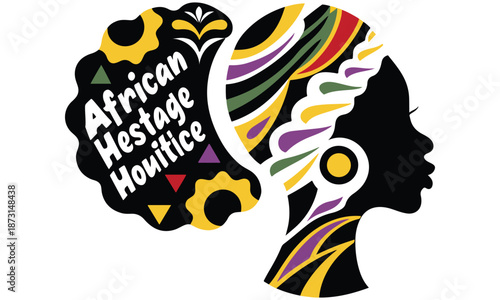 Afrocentric woman silhouette with patterned headwrap in Pan‑African colors. Celebrate culture, resilience, and beauty—ideal for Black History Month merch and decor.