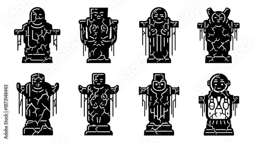 Ancient stone statues with weathered textures and unique poses.