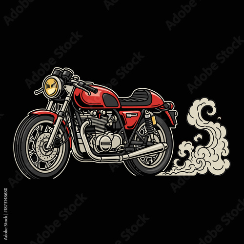 Classic Red Cafe Racer Motorcycle with Exhaust Smoke.