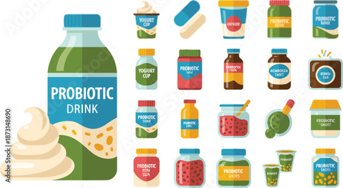 Probiotic Products Vector Set Including Drinks, Yogurt, Capsules, Jars and Fermented Food Packaging Illustrations