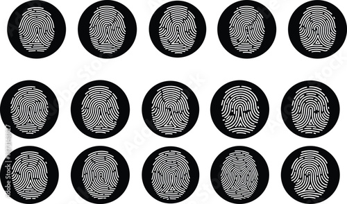 Fingerprint icon set, biometric identification, security symbols, forensic pattern, black and white vector, identity scan, flat design illustration